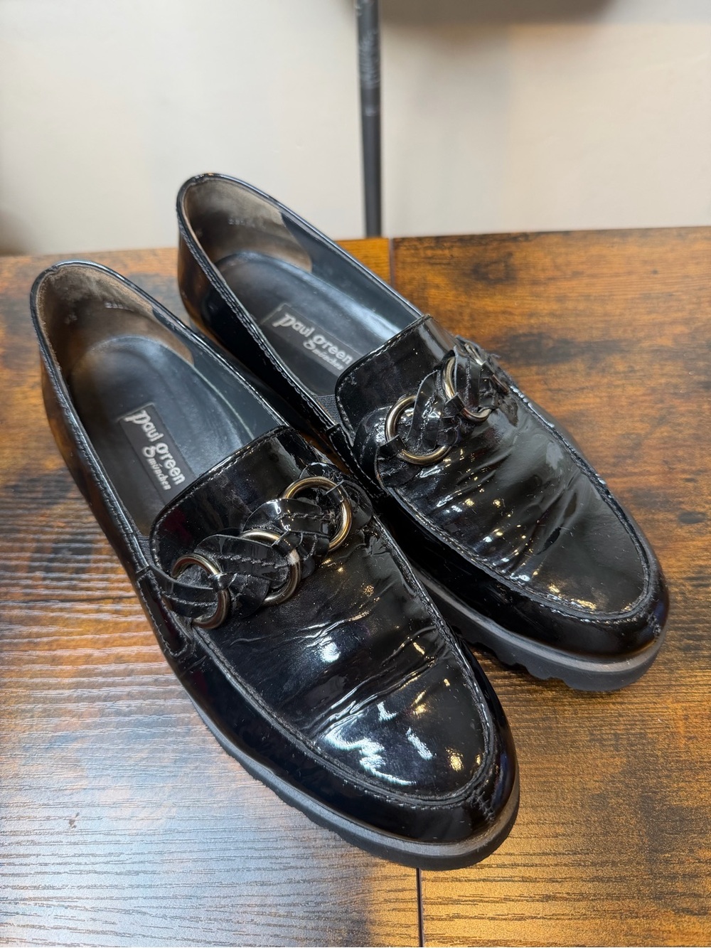 Paul Green Womens Black Patent Leather Chain Loafers Size 4.5/US7
